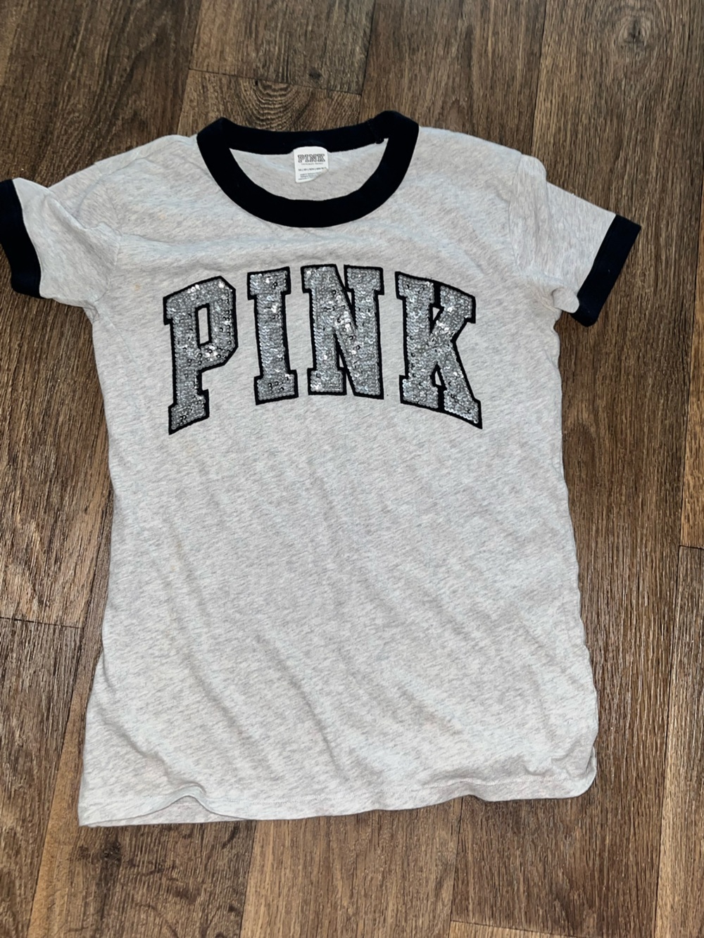 PINK Victoria’s Secret Gray Ringer Tee Black Sequin Bling Logo